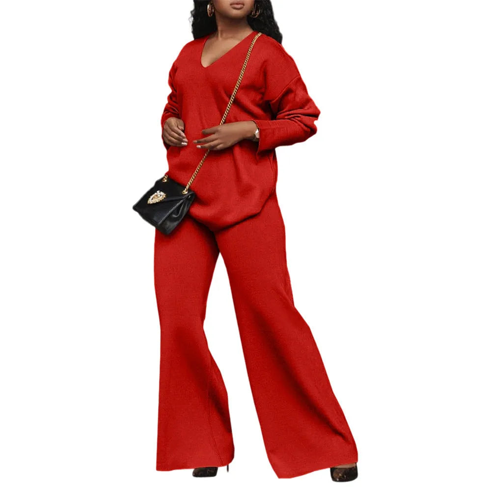 Women's brown thickened suede two-piece suit set with split sleeve design and full-length trousers