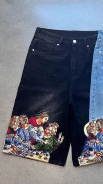 Men's blue cotton shorts with Jesus printed back pocket, tapered style with micro elasticity fabric