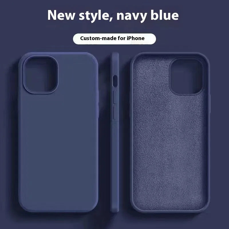 Silicone shockproof phone case for iPhone 15 Pro Max in black with logo, showing back and side protection