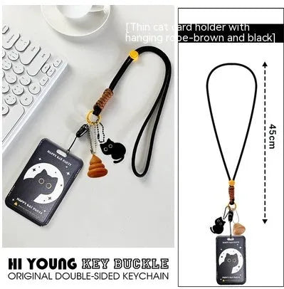 Plastic card holder with cartoon black cat design and a metal ferrule pendant attached.