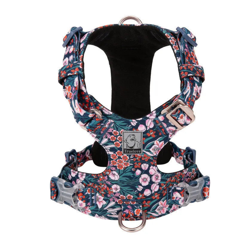 Floral pattern dog chest harness with pull-resistant strap in pure cotton material