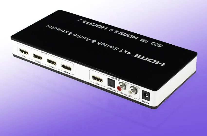 Black 4x1 HDMI switcher with remote control for audio and video signal distribution