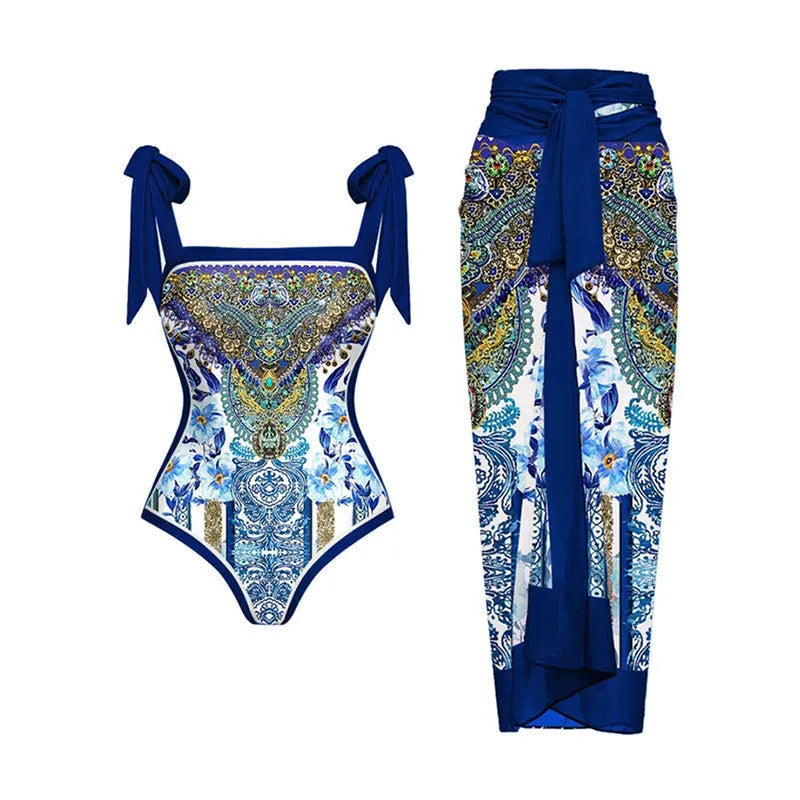 Women's retro floral one-piece swimsuit with chiffon skirt in multiple colour patterns