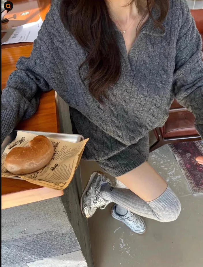 Women's knitted suit set with cable knit pattern jumper and elastic waist shorts in solid colour