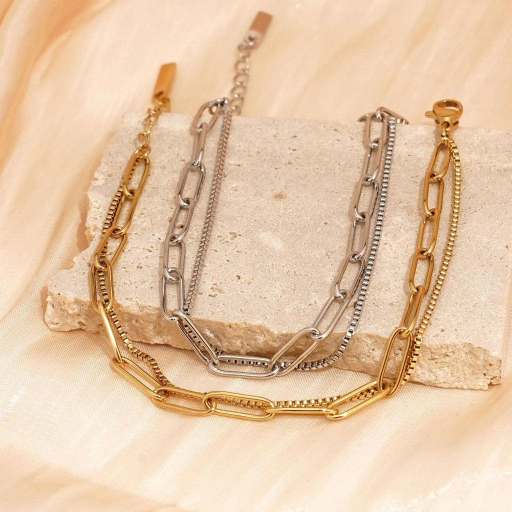 Women's double layer geometric bracelet in gold or silver with titanium steel construction