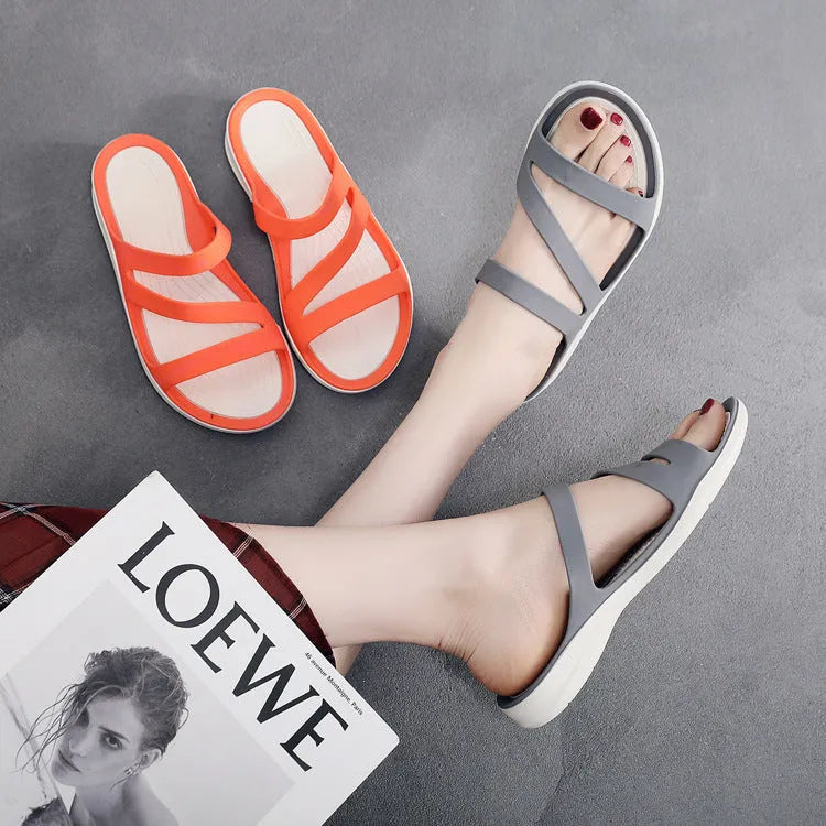 Solid colour women's casual sandals with a breathable design on a summer background.