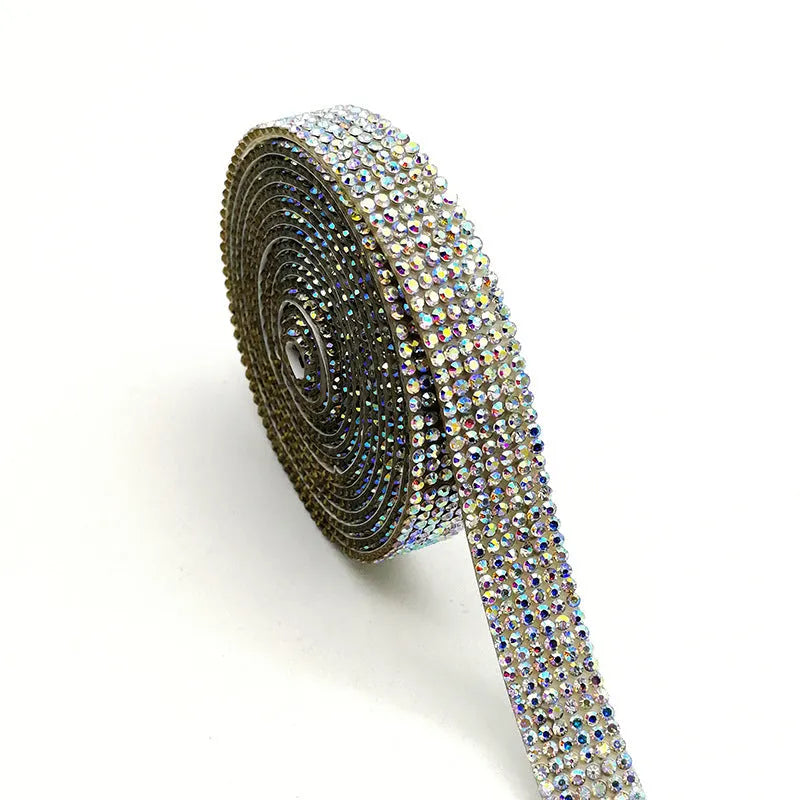 Self-adhesive glass water drill strip in white AB colour with electroplated finish for clothing decoration