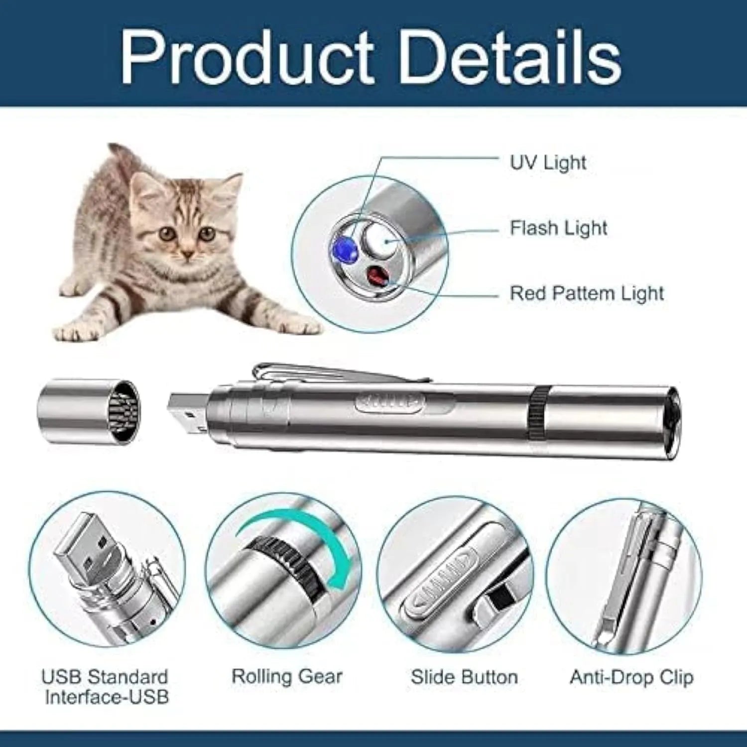 Silver aluminium cat laser toy pointer with USB charging port and pattern projection modes.