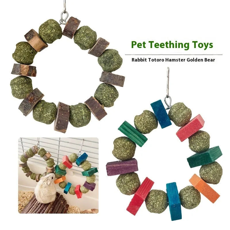 Colourful hamster chewing toy with straw ball rings and applewood rods for small pet dental health