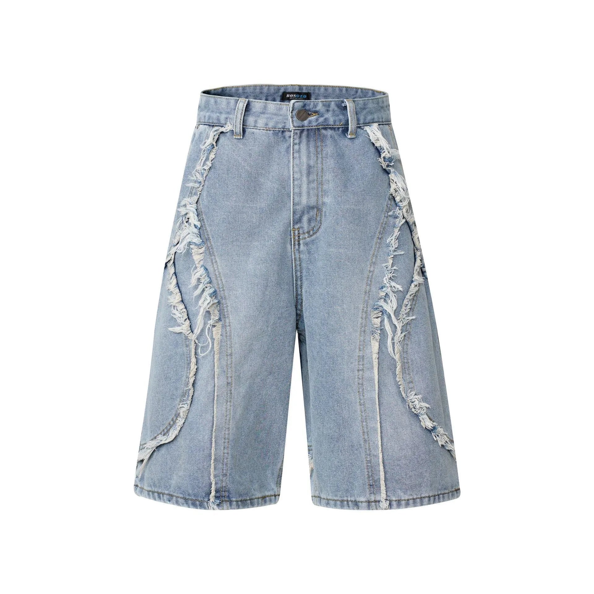 Man wearing distressed light blue denim shorts with raw edge hem and straight hip hop cut.
