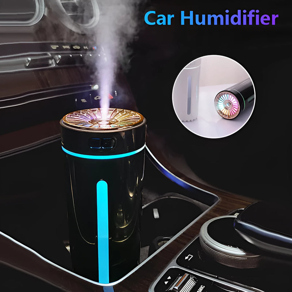 Black and white portable USB rechargeable humidifier with colourful lights for car and desktop use.