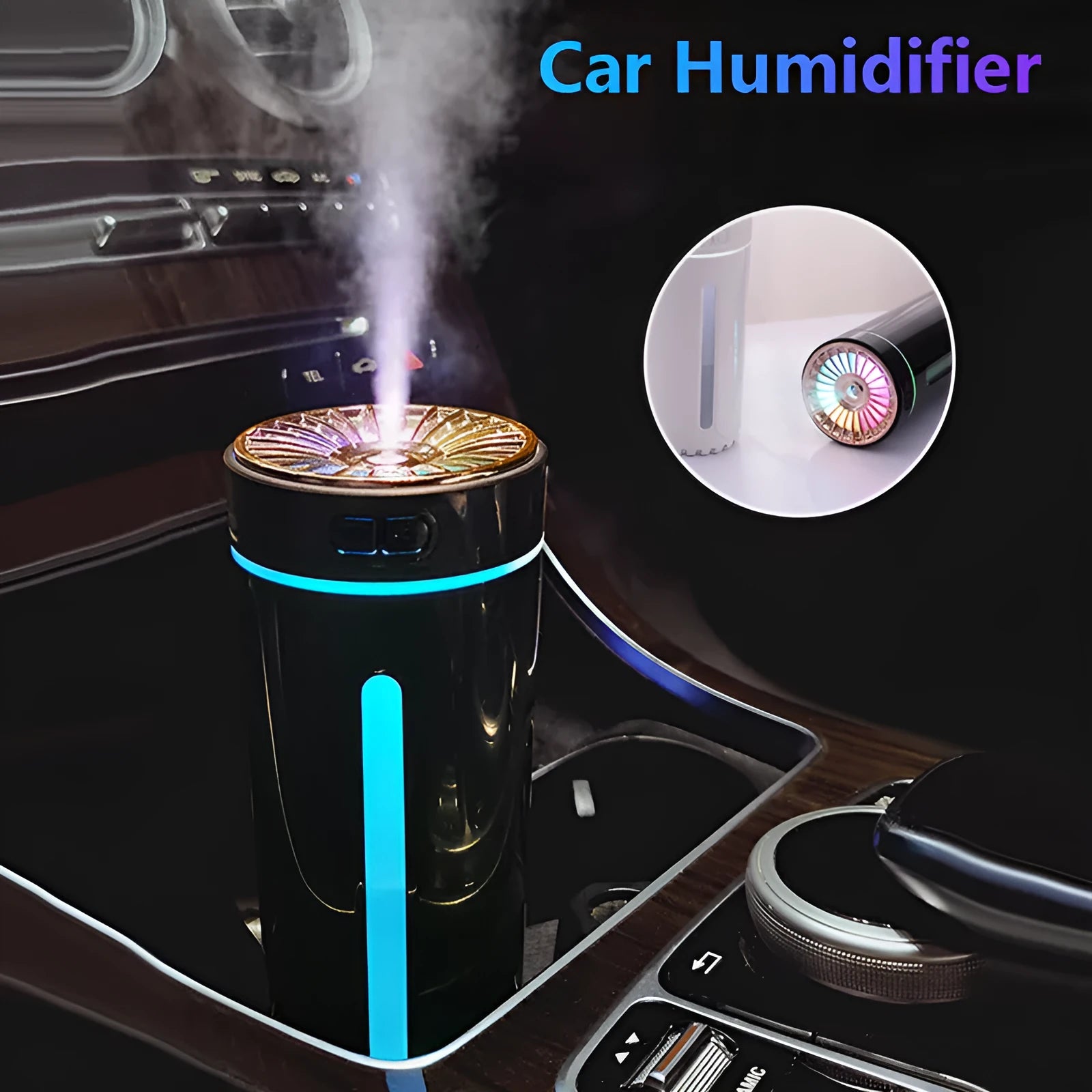 Black and white portable USB rechargeable humidifier with colourful lights for car and desktop use.
