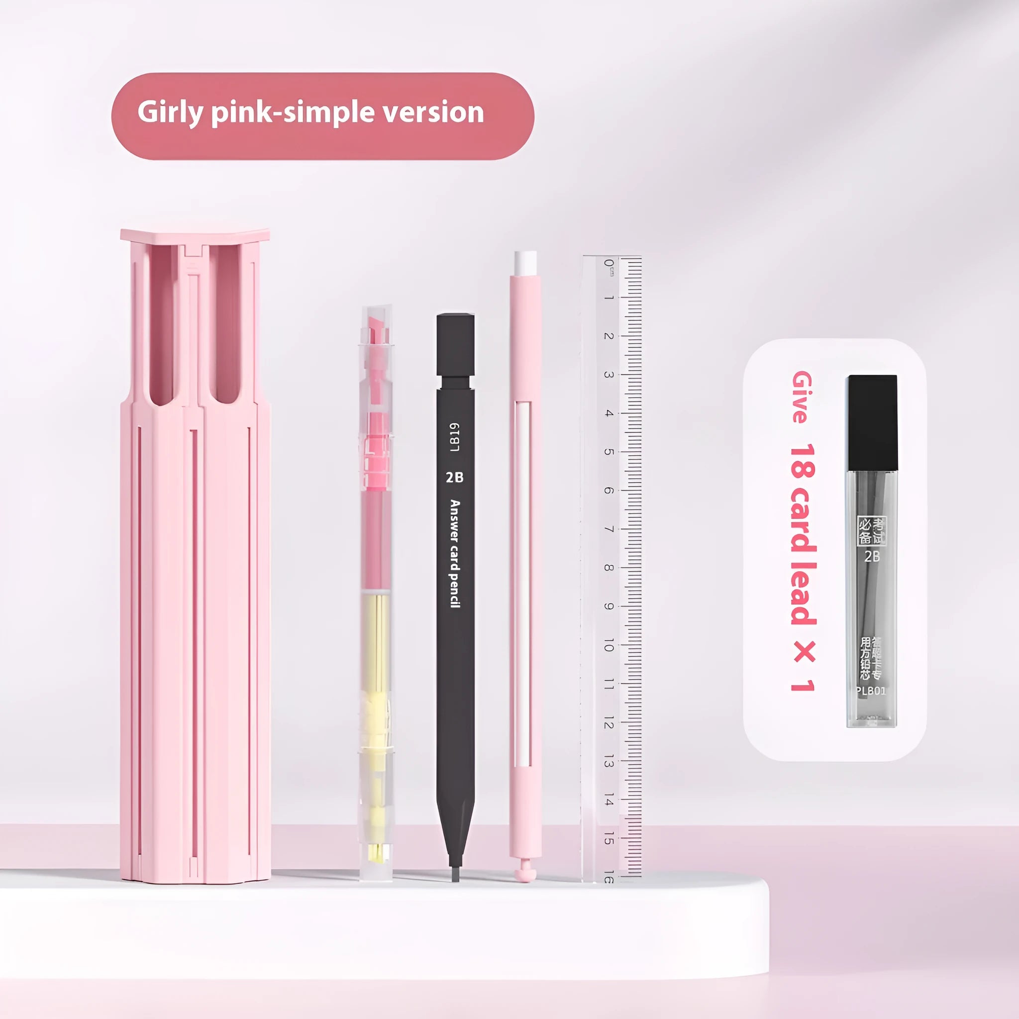 Plastic six pens pencil box kit with pressing pen in Sky Blue, White, or Pink colours.