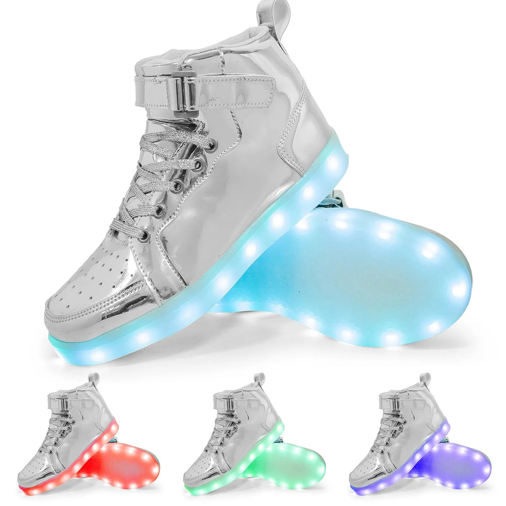 LED high-top board shoes with light-up features and Velcro fastening