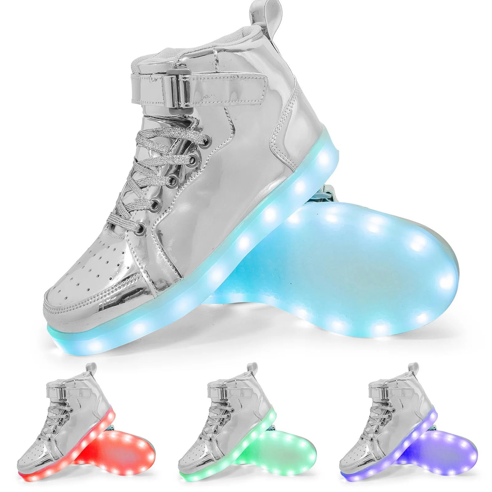 LED high-top board shoes with light-up features and Velcro fastening