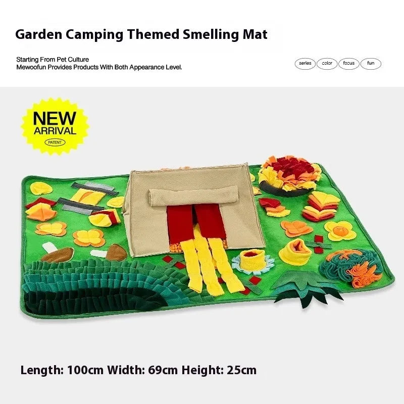 Plastic fabric dog sniffing mat with textured surface for hiding food treats, showing multiple theme design options