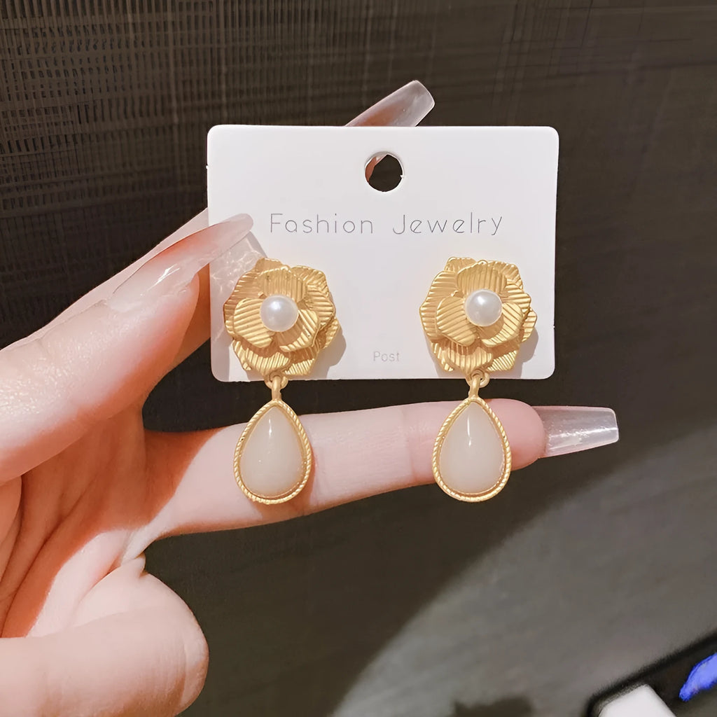 Gold colour sterling silver electroplated flower stud earrings with needle rose pearl and opal stone accents
