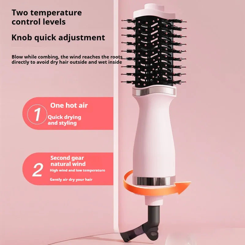 Pink multifunctional hair dryer with integrated comb attachments for styling