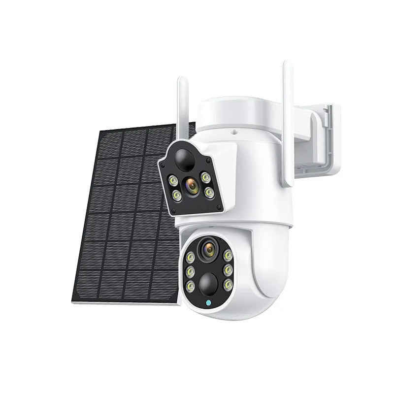 Black or white outdoor solar-powered wireless security camera with separate solar panel unit