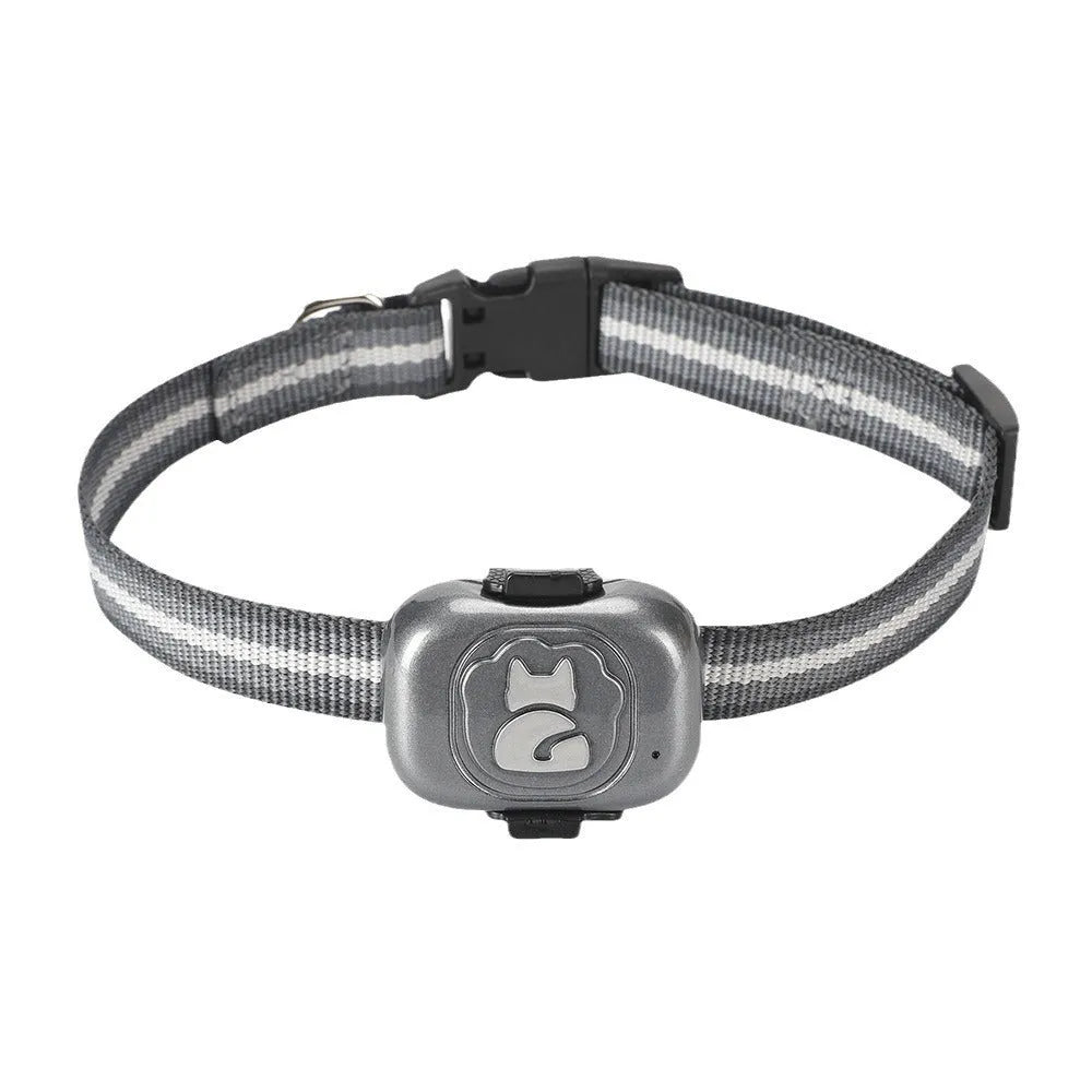 Black pet GPS tracker with hanging rope showing dimensions and USB charging port
