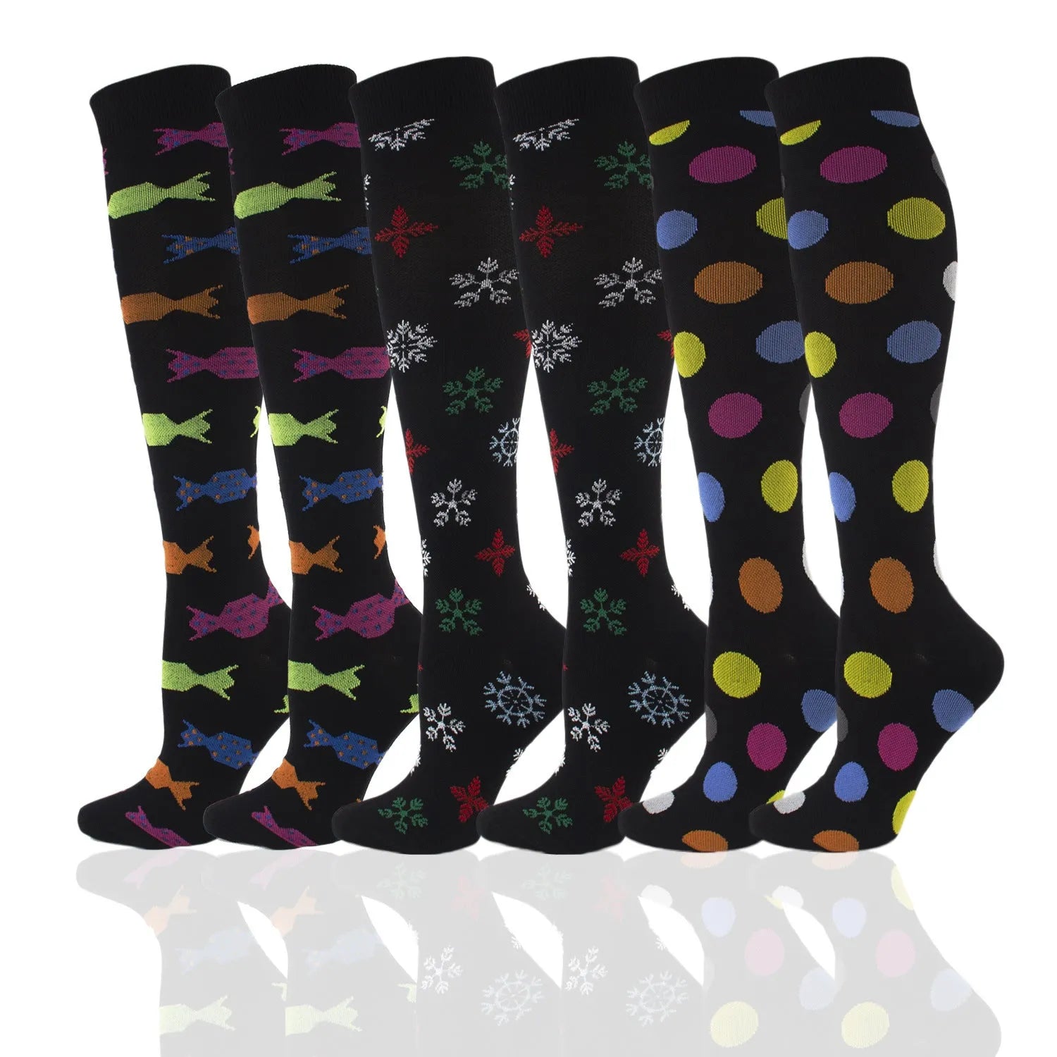 Breathable nylon pressure calf socks for exercise with anti-friction odourless design in black and white stripe pattern