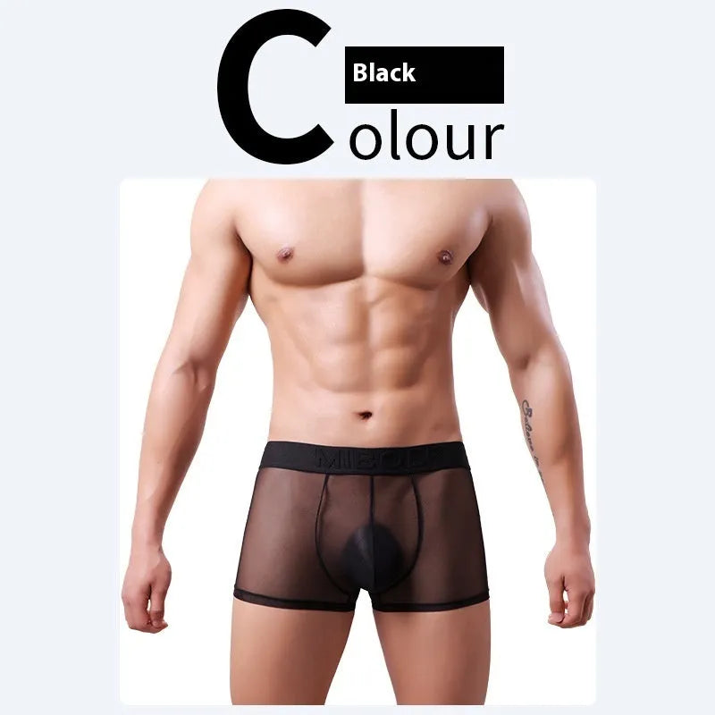 Men's thin invisible breathable boxer shorts in quick-drying polyester fabric shown in multiple colours