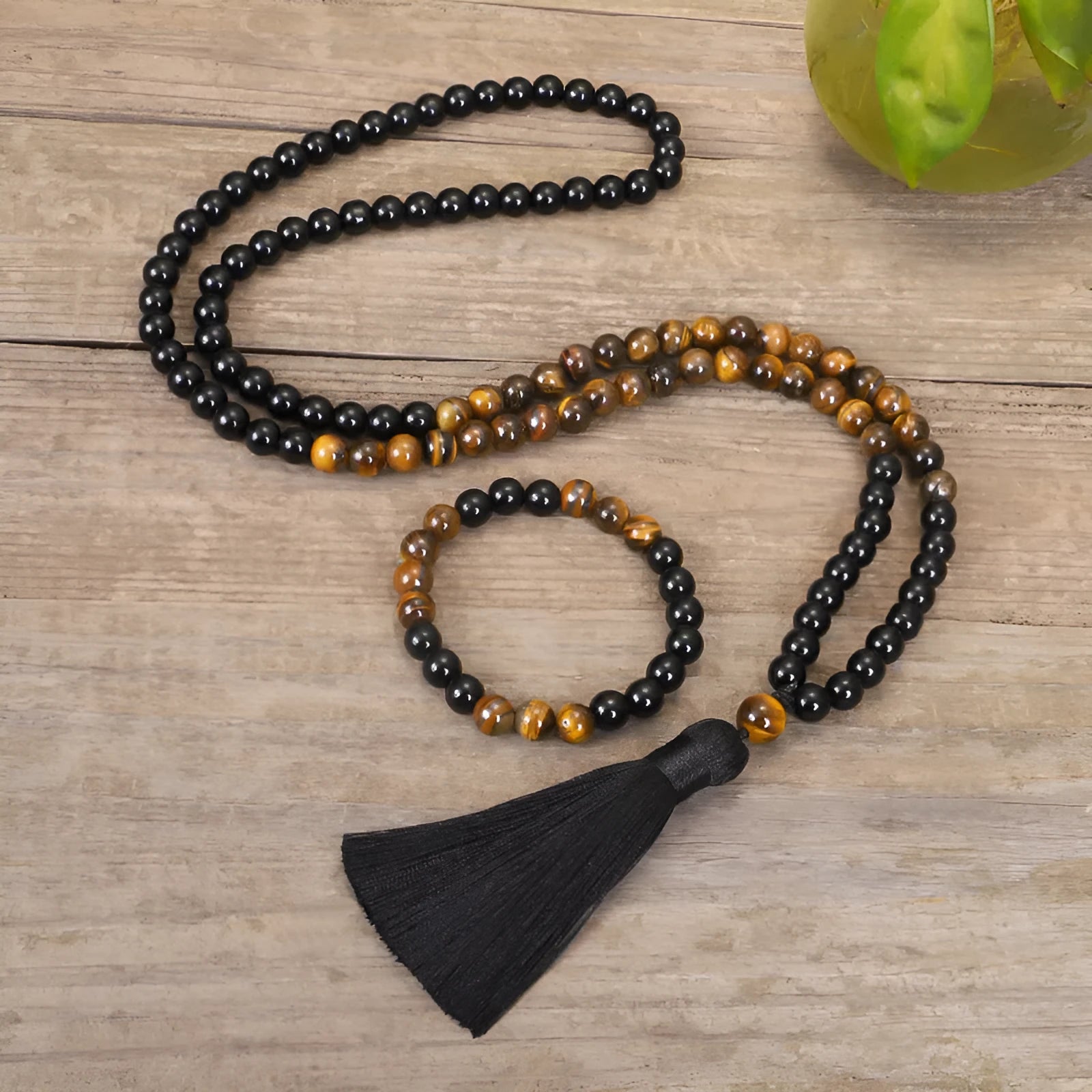 Tiger eye stone tassel necklace with drop-shaped pendant on ball bead chain