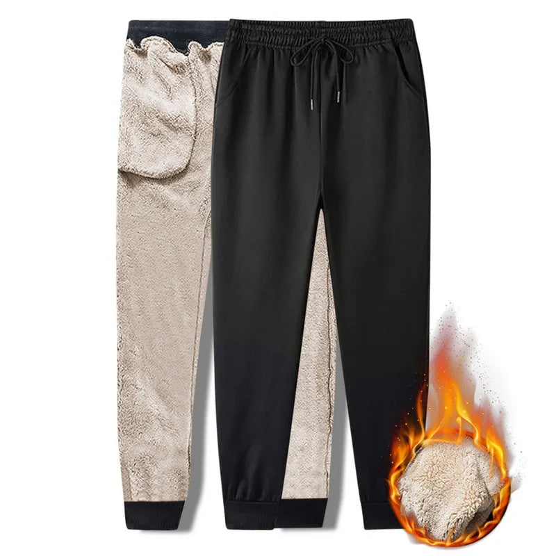 Black fleece lined straight tube trousers with drawstring elastic waist, zippered fly, and belt, sizes M to 5XL