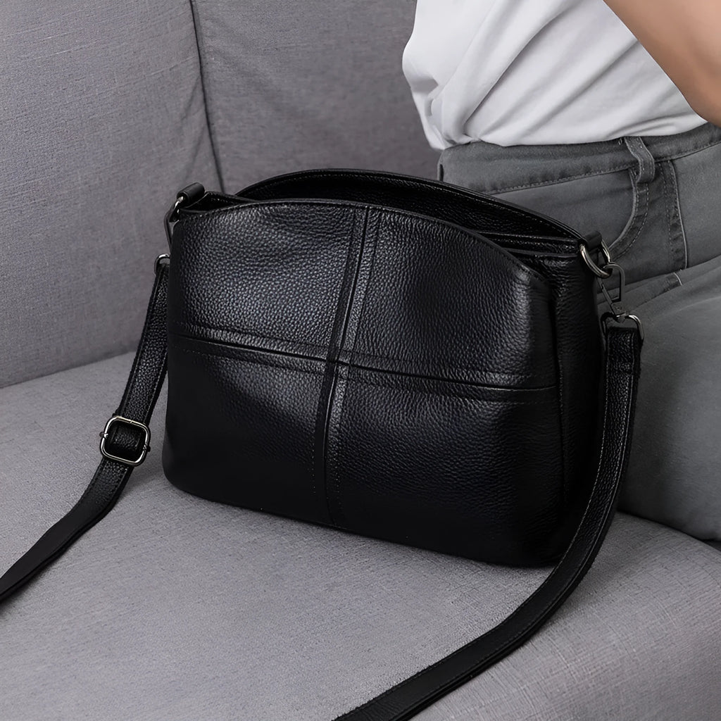 Women's genuine leather crossbody handbag in pure cowhide with plaid pattern, simple urban style, horizontal square shape