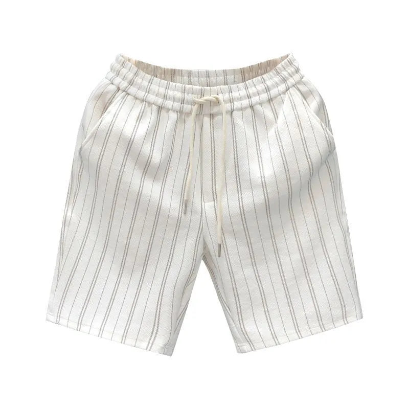 Men's black and white striped fleece-lined casual shorts with an elastic waistband on a grey background.
