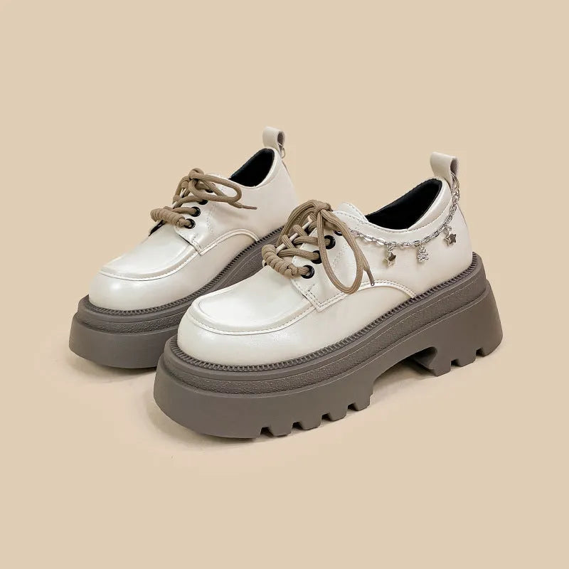 White platform leather shoes with chunky 6-8cm heels and Mary Jane style front lace-up design