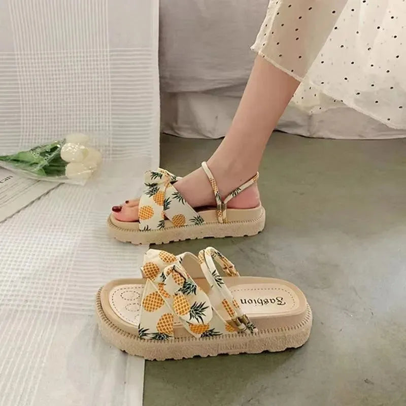Women's two-wear flat platform sandals in green, beige, and black with 4.5cm heel and EVA upper