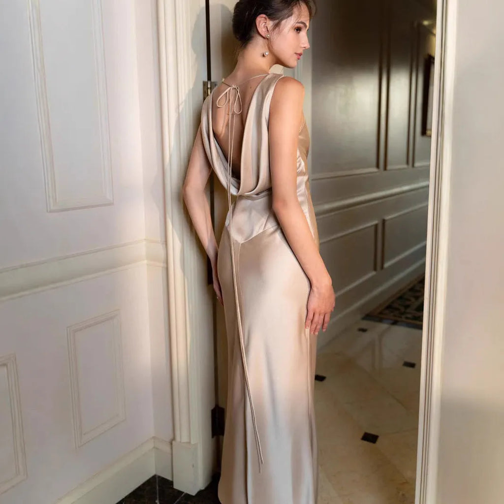 European American new high-end satin long dress solid colour sleeveless mid-rise polyester socialite