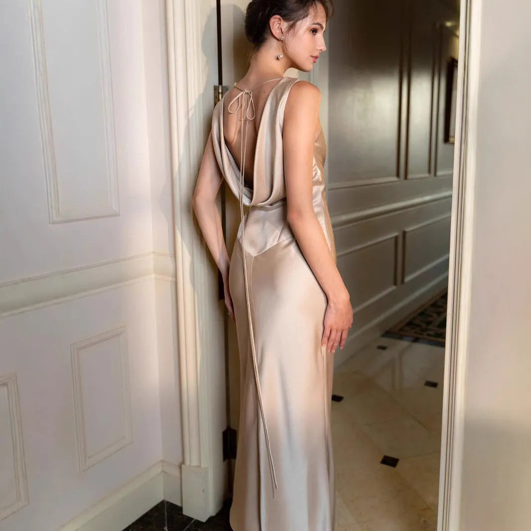 European American new high-end satin long dress solid colour sleeveless mid-rise polyester socialite