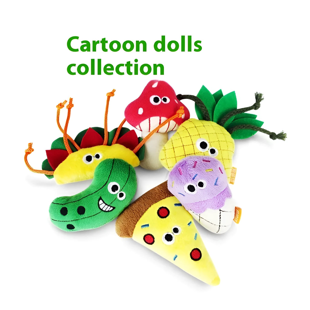 Six catnip plush pillow toys in burrito, cone, cucumber, mushroom, pineapple, and pizza styles