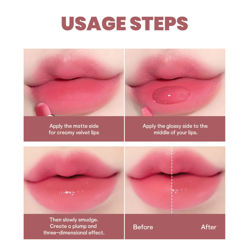 Double-headed lipstick and lip gloss cosmetic product showing matte and glossy ends