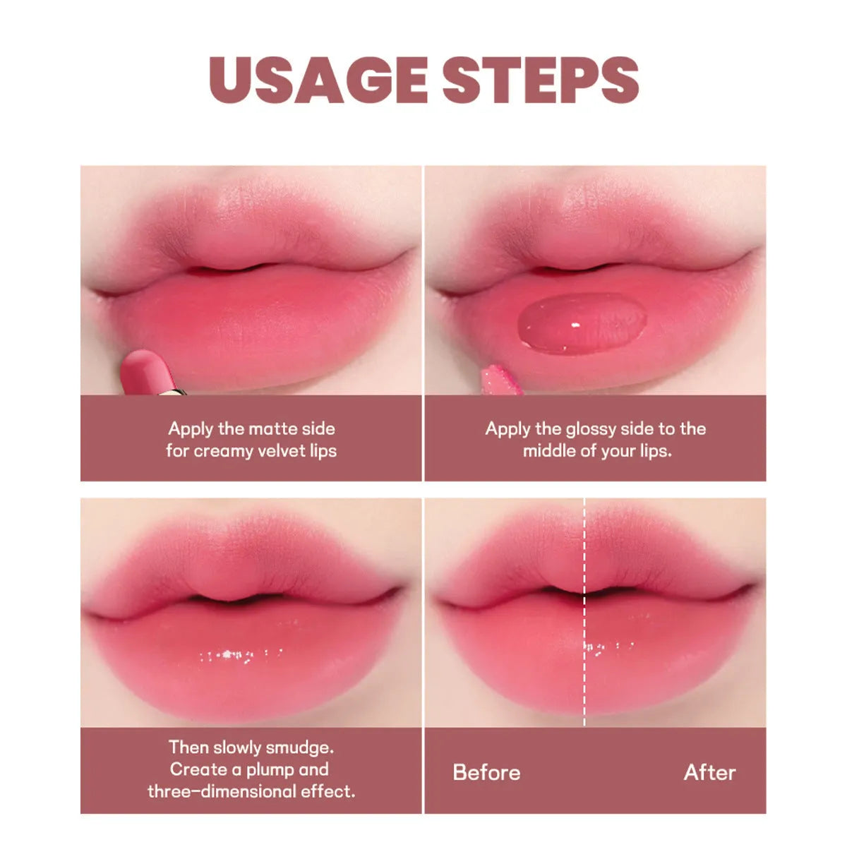 Double-headed lipstick and lip gloss cosmetic product showing matte and glossy ends