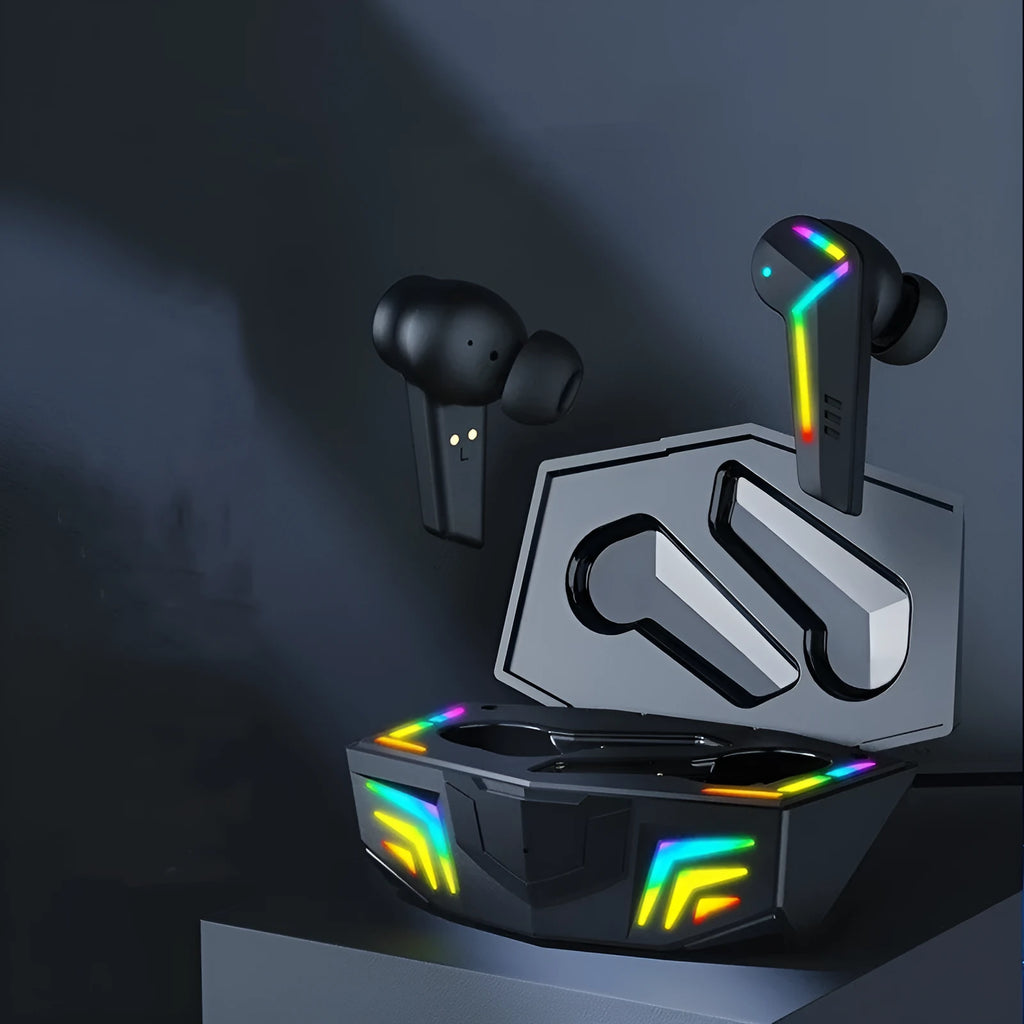 Black TWS Bluetooth gaming headset with low latency and NFC pairing features