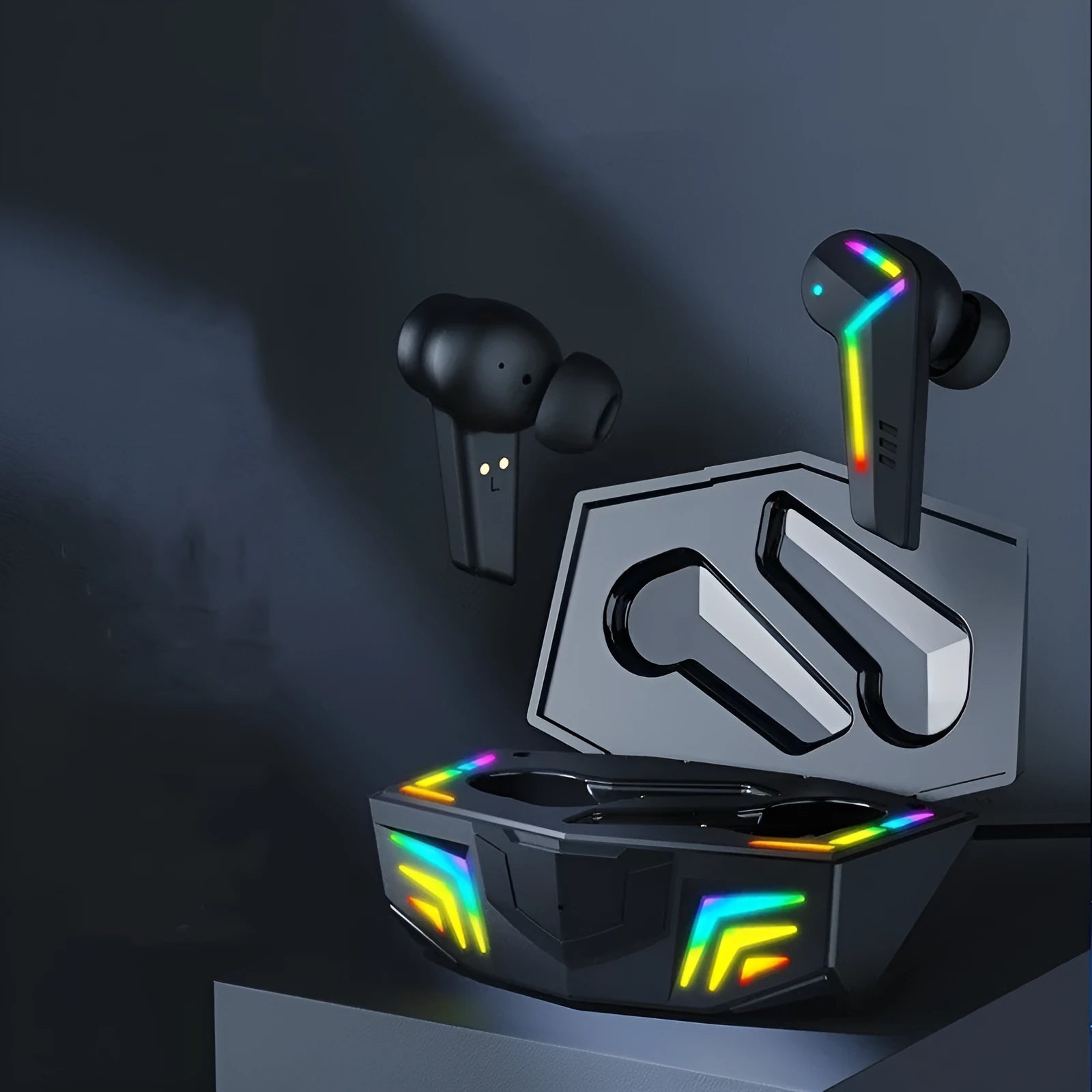 Black TWS Bluetooth gaming headset with low latency and NFC pairing features