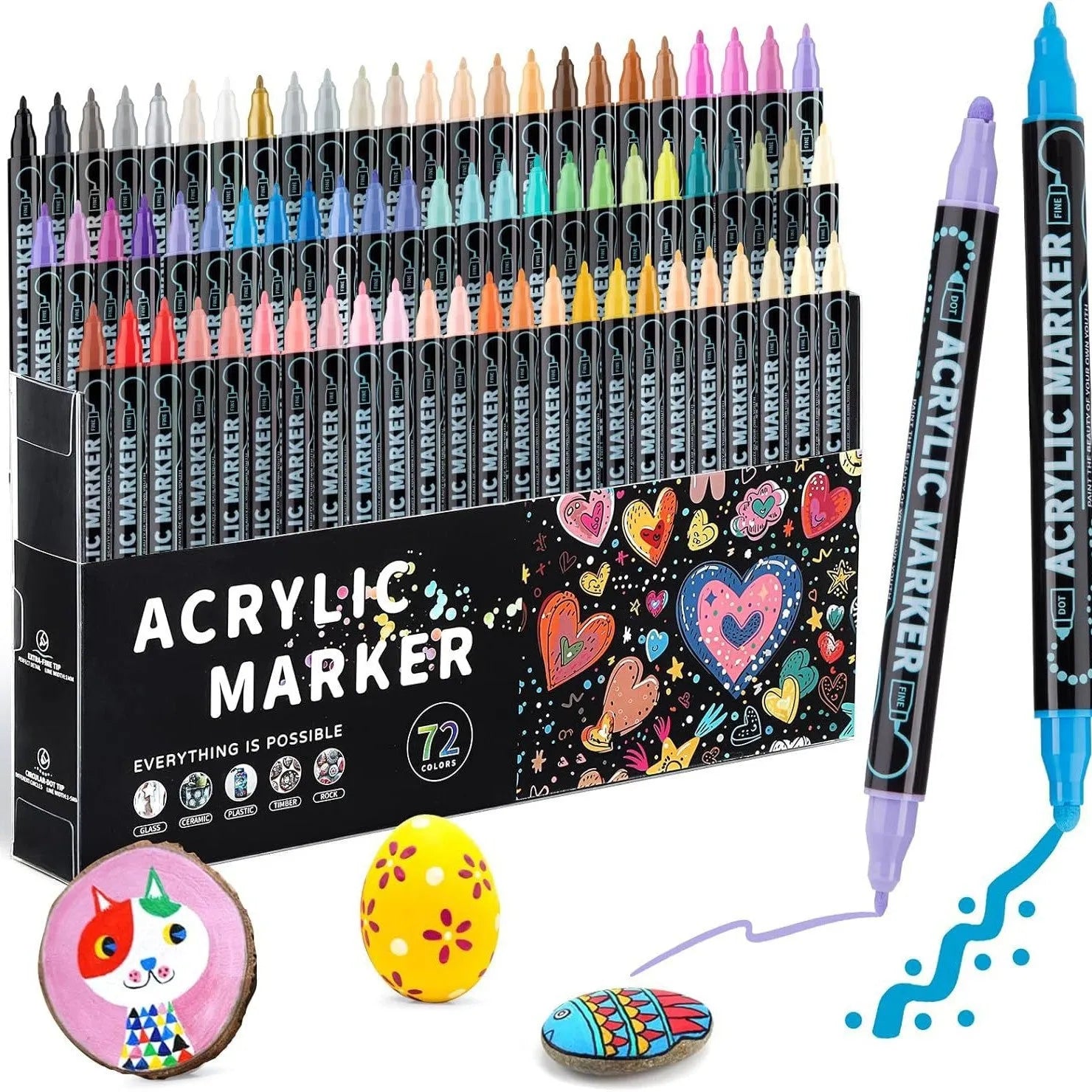 Household stackable dual-tip acrylic markers set showing fine and bullet points in a range of colours