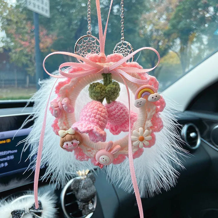 Handmade wool bell orchid car pendant hanging from rear-view mirror