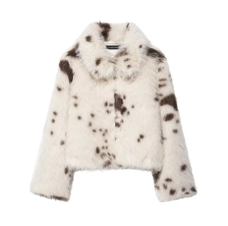 Women's artificial fur animal pattern long sleeve coat with faux fur collar in brown colour socialite style