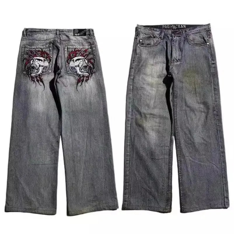 Men's grey washed-out jeans with retro workwear styling and straight-leg wide-leg cut