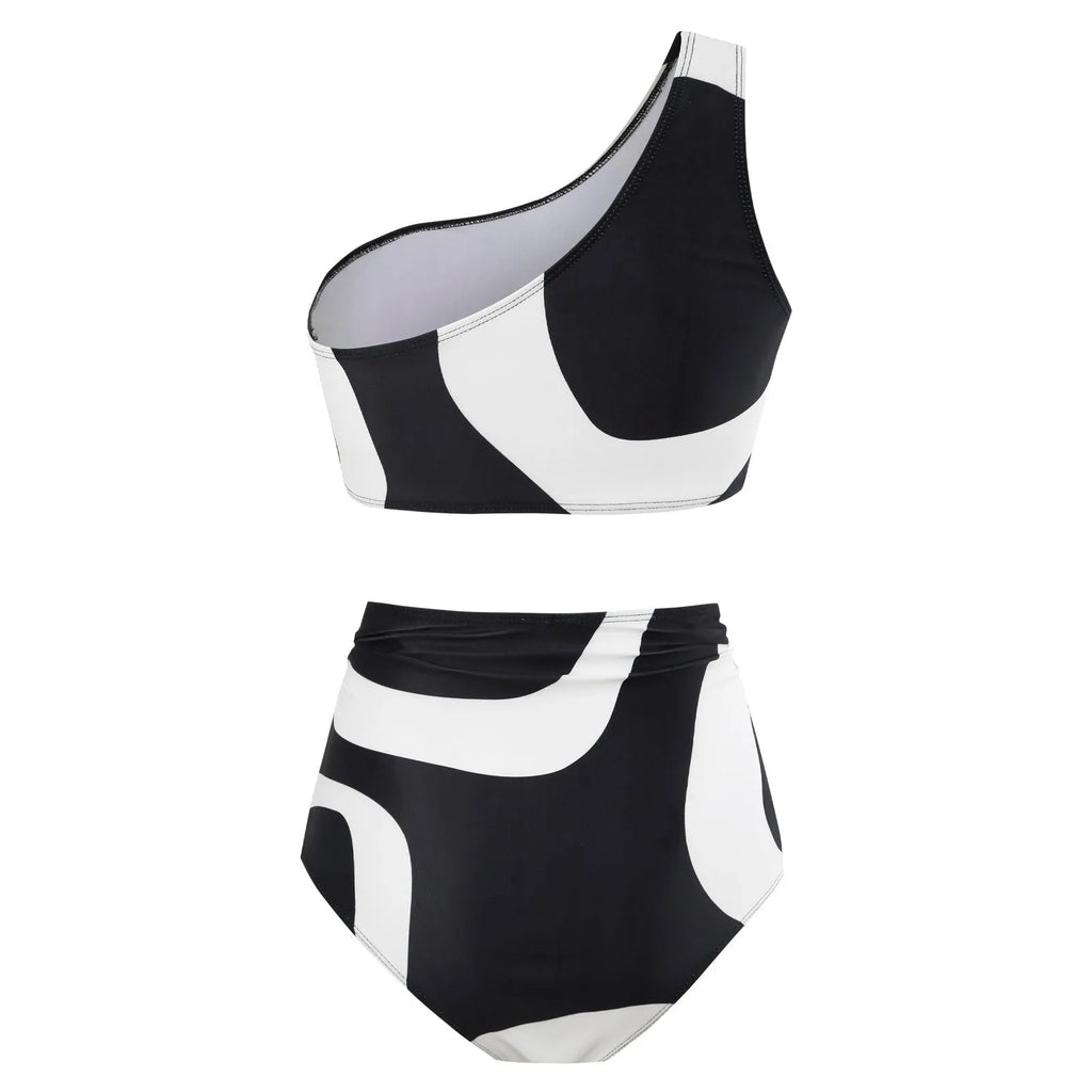 Women's two-piece swimsuit with one-shoulder top and wrap skirt in black nylon, sizes S to XL