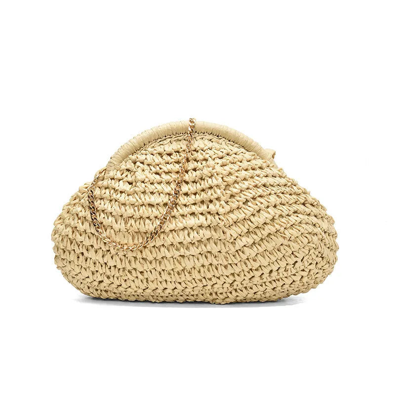 Khaki straw shoulder bag with shell shape design and internal zipper pocket