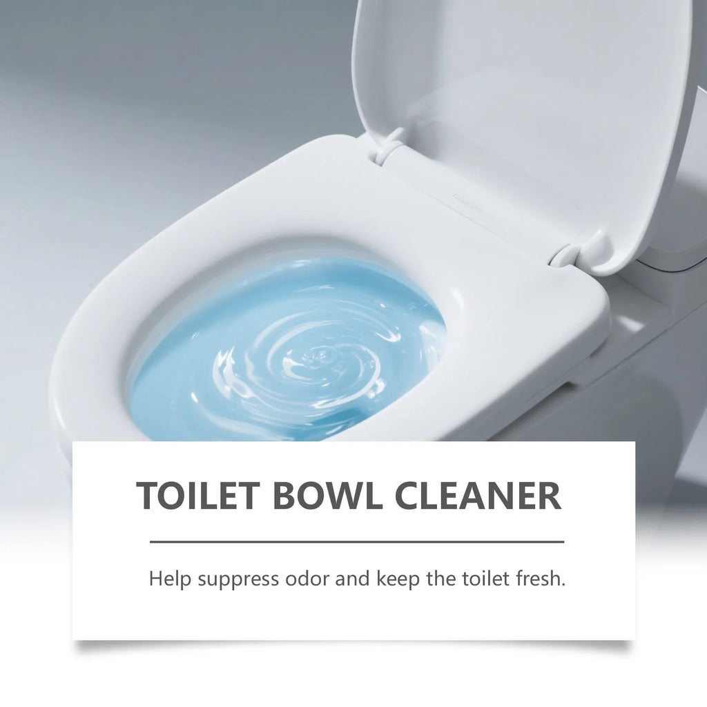 Four sealed sachets of toilet cleaning powder with descaling and stain removal text.