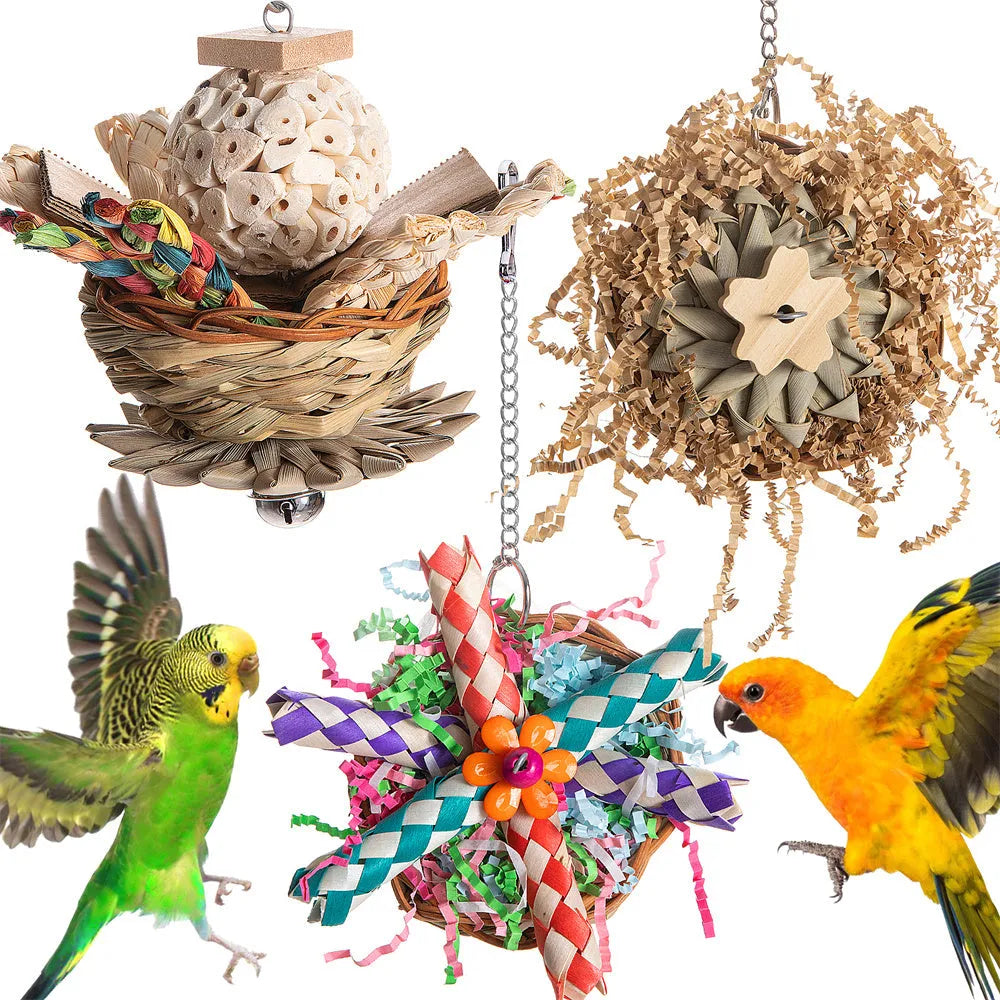 Set of three natural wood gnawing blocks for parrot chewing toy.