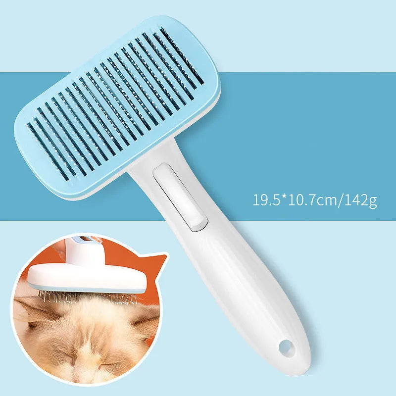 Automatic pet grooming comb for dogs and cats on a blue background.