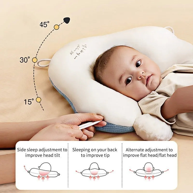 Baby correction head shaping pillow in U-shape with pure cotton fabric, available in blue white colour