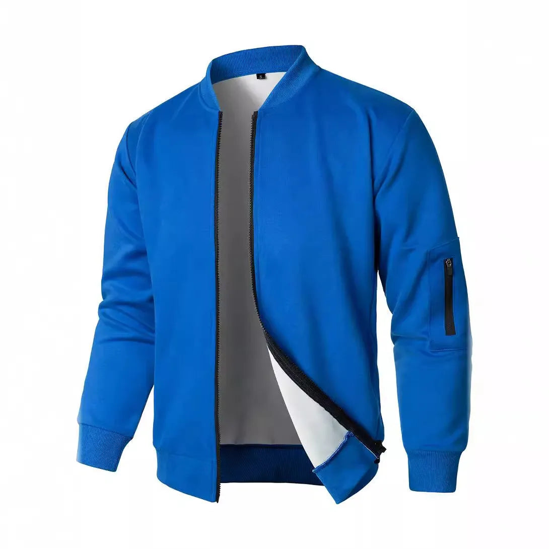 Men's loose fit cotton knitted jacket with long sleeves in grey, blue, and black.